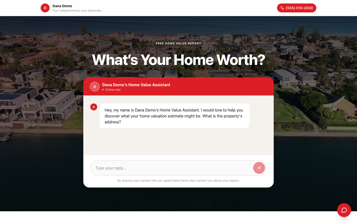 ListLingo home valuation smart site, chat-first hero asking for the property address